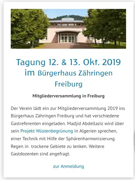 Tagung im Bürgerhaus Zähringen, Freiburg mit Gastreferenten, Fokus auf Wüstenbegrünung und nachhaltige Klima-Projekte.