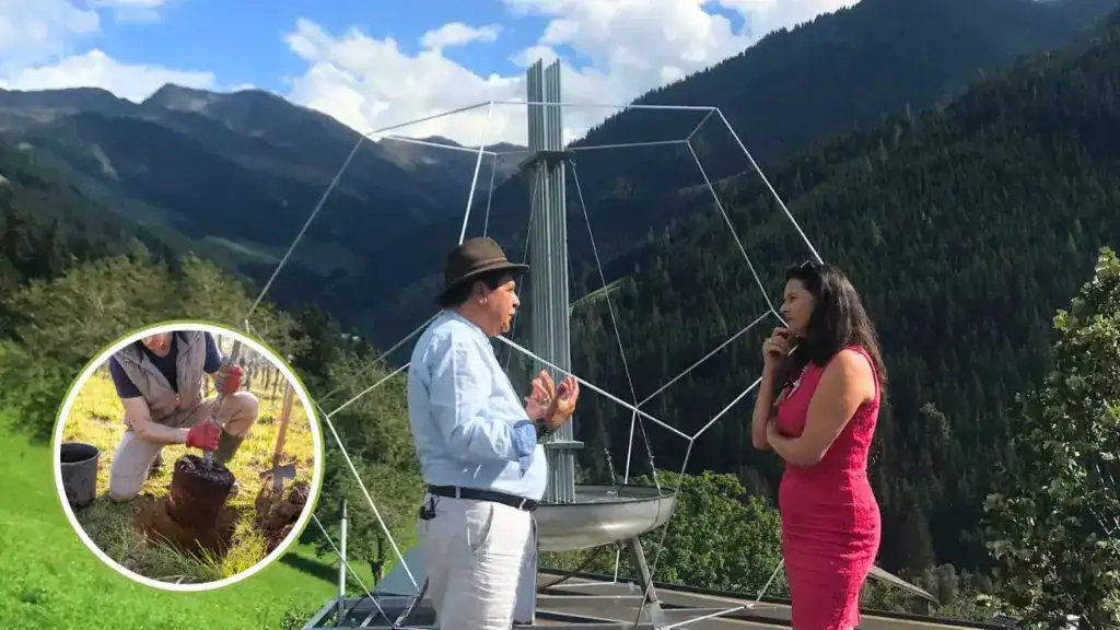 Alt-Text: Modernes Bewässerungssystem in den Bergen, solarbetrieben für nachhaltige Landwirtschaft.