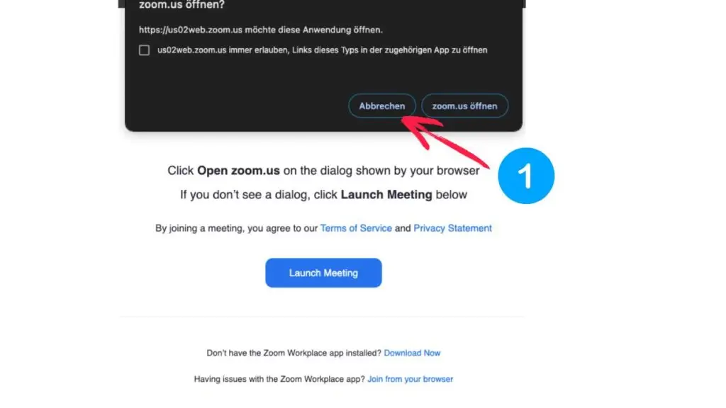 Visualisierung eines Zoom-Meeting-Launch-Buttons auf einer Webseite.