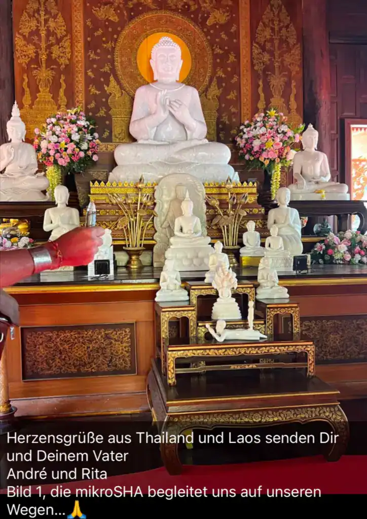 Marmorstatuen im Tempel mit Blumen, symbolisiert spirituellen Frieden in Asien.
