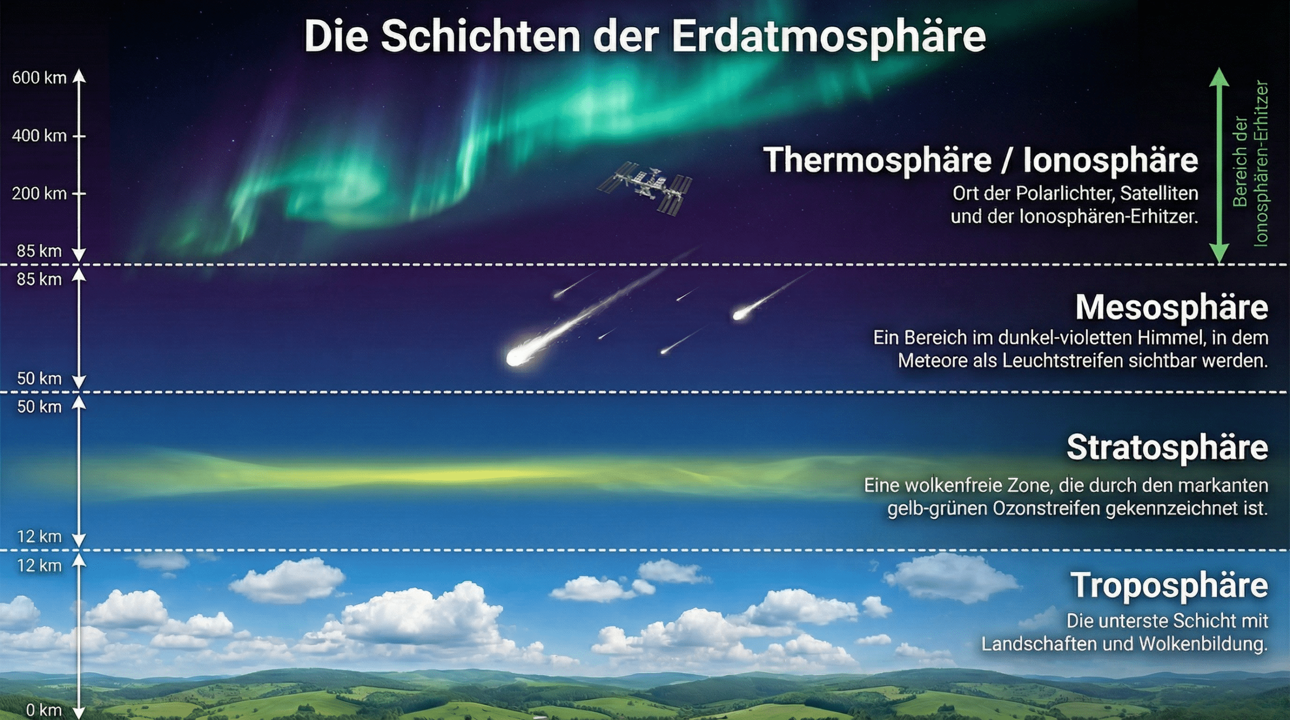 Infografik: Die Schichten der Erdatmosphäre von der Troposphäre bis zur Thermosphäre/Ionosphäre