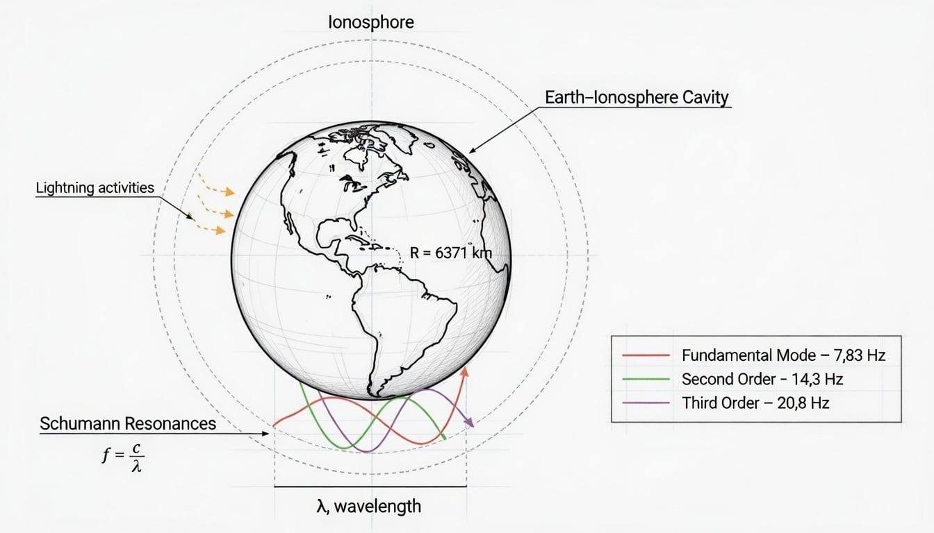 Wissenschaftliches Diagramm der Schumann-Resonanzen: Erde umgeben von Ionosphäre mit stehenden Wellen bei 7,83 Hz, 14,3 Hz und 20,8 Hz