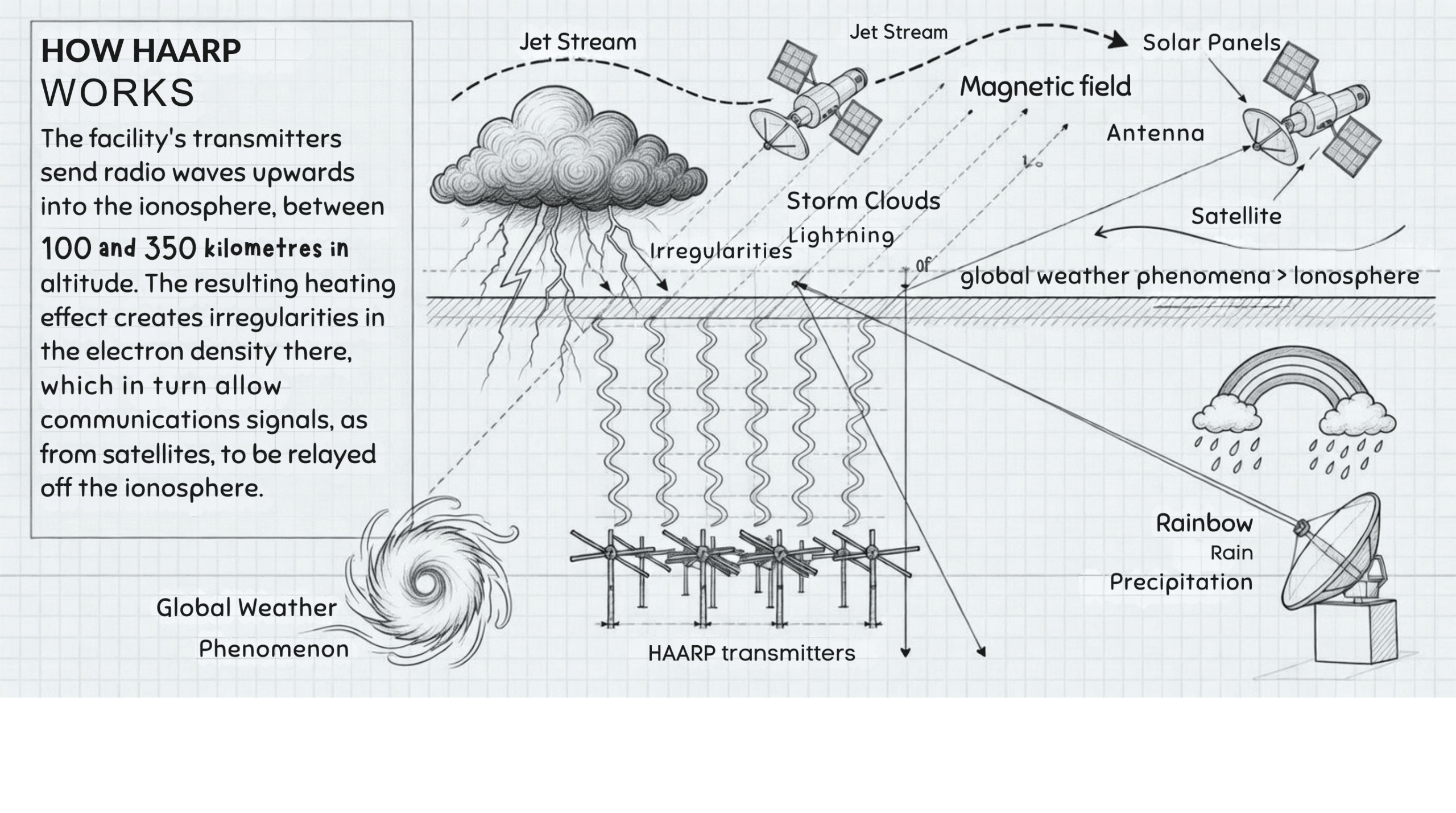 How HAARP Works - Diagramm zeigt wie HAARP-Sender Radiowellen in die Ionosphaere senden