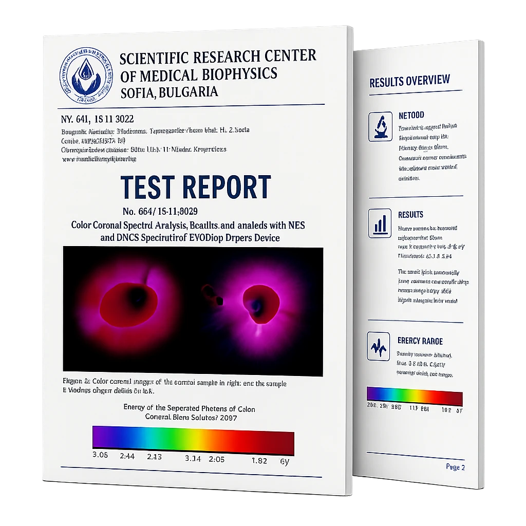 Freigestelltes Cover des EVOdrop-Testberichts zur Farbkronen-Spektralanalyse mit Ergebnisübersicht